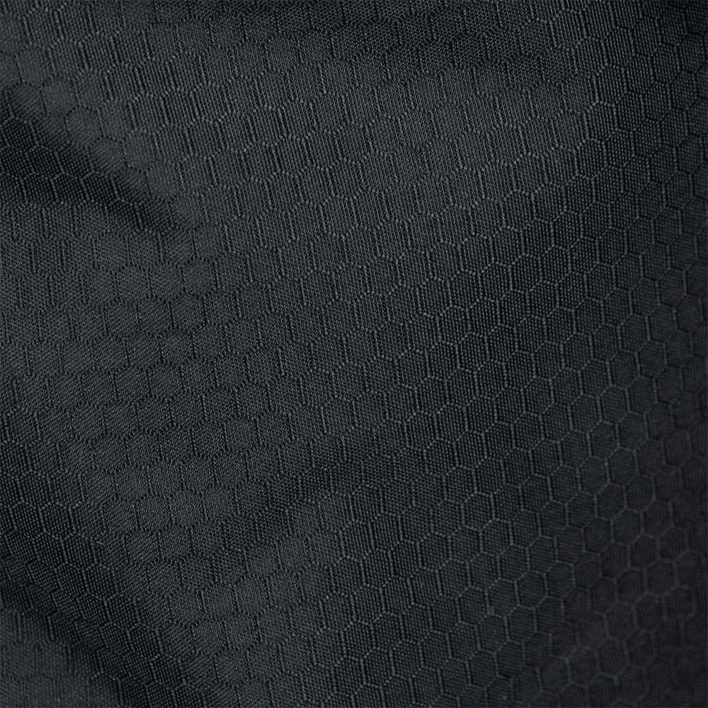 A close-up of textured, black fabric featuring a hexagonal pattern, suitable for duffel bags.