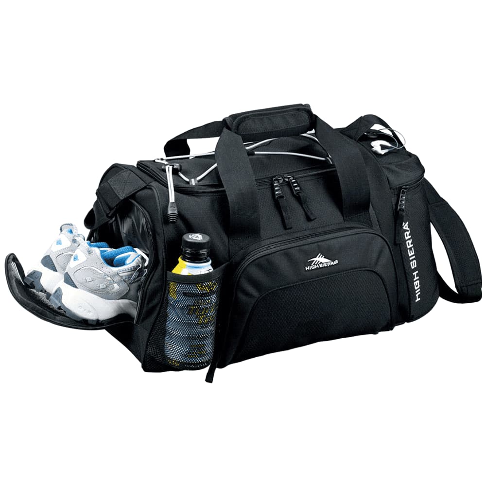 A black duffle bag with shoe compartments, a drink bottle, and a mesh pocket. It features handles and a logo.