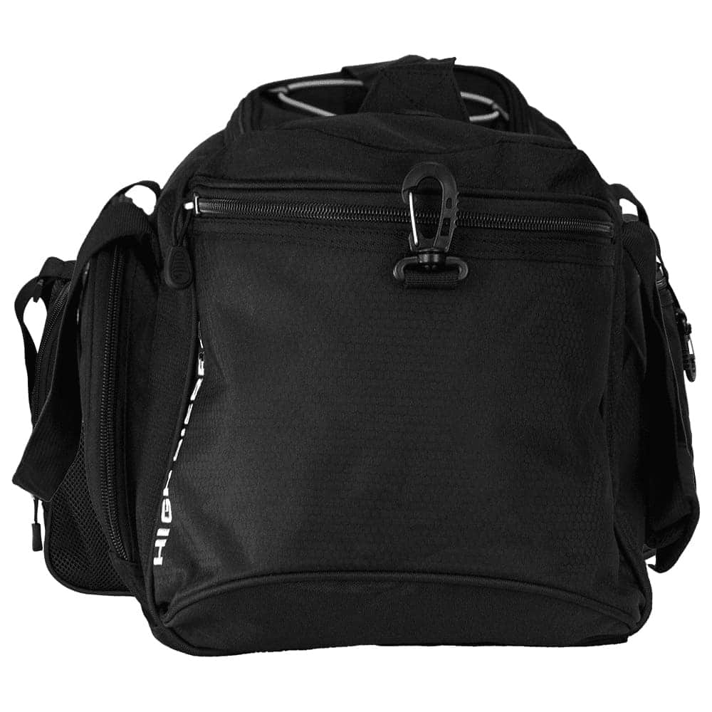A black duffel bag with multiple zippered compartments and a sturdy handle, featuring a branding logo.