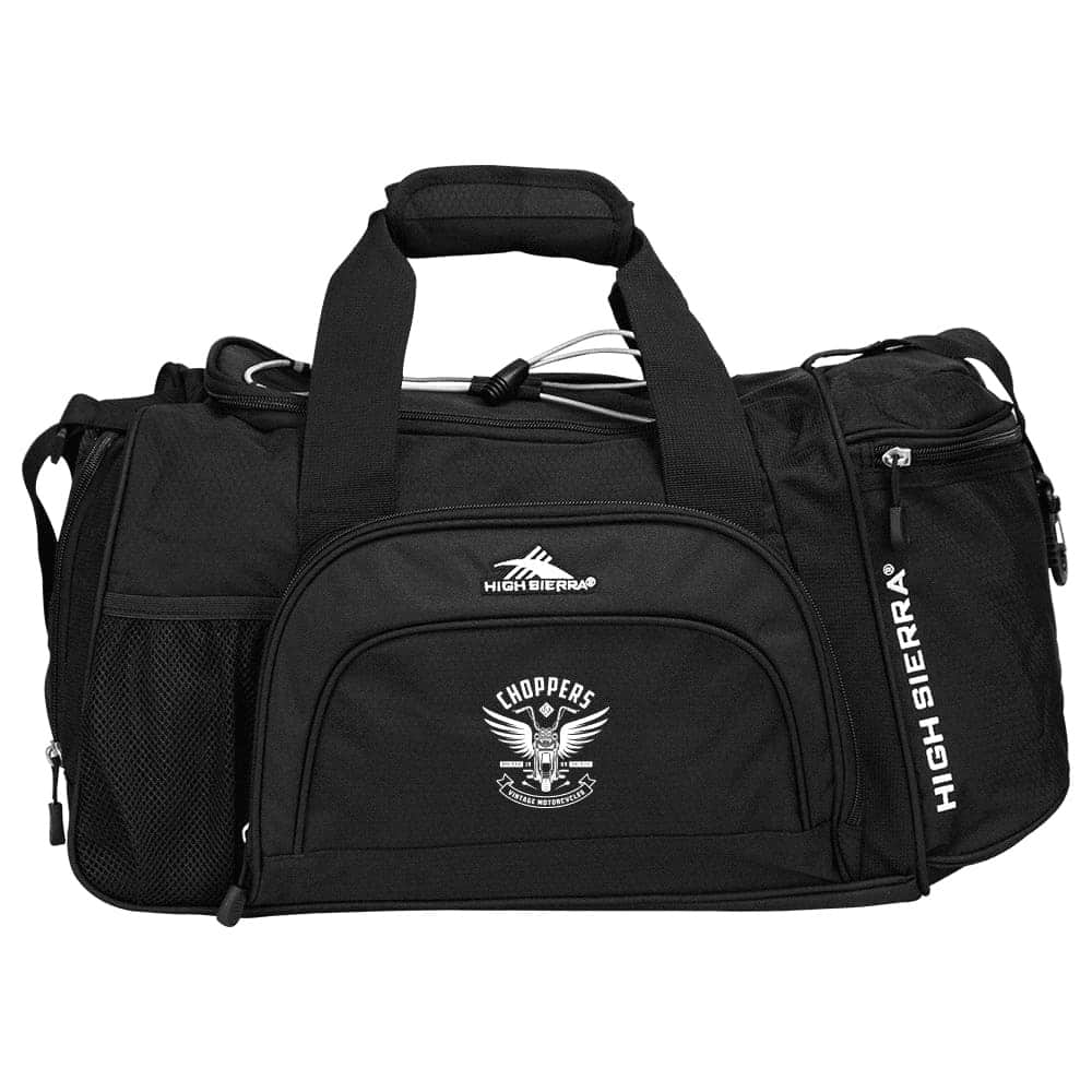 A black duffle bag with multiple compartments and a logo, featuring dual handles and an adjustable strap.
