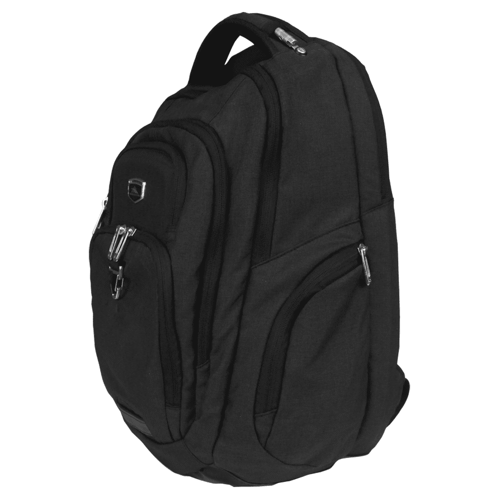 A black laptop backpack with multiple pockets and a large front compartment. It has a branded logo.
