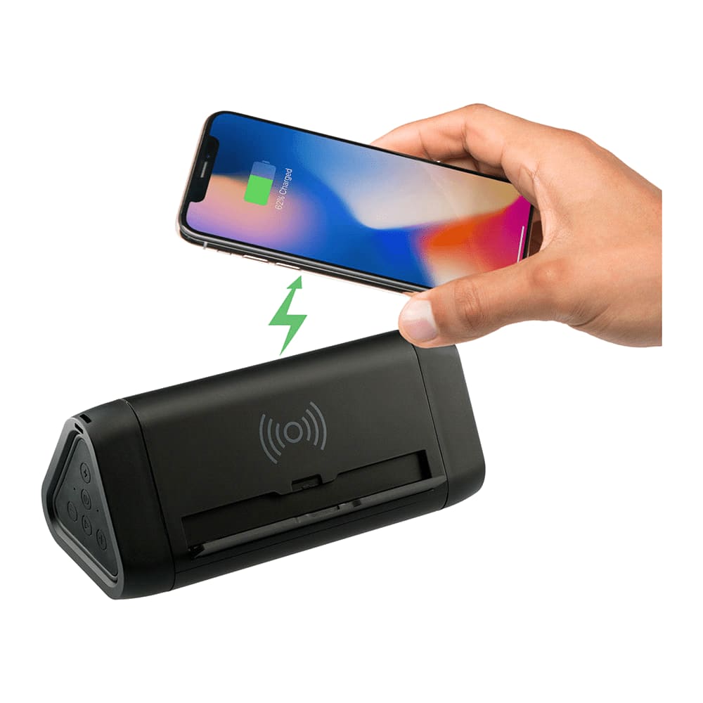 A black speaker and power bank with a mesh front and a logo.
