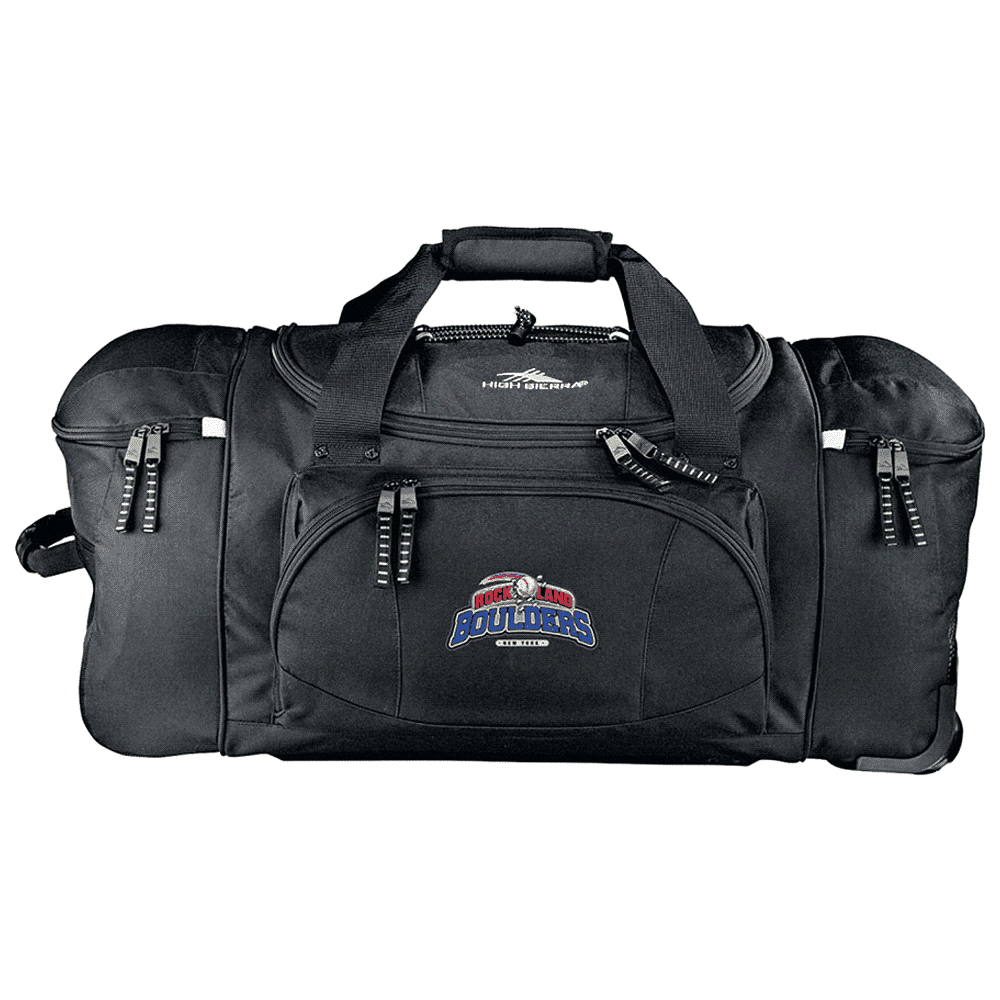 A black wheeled duffel bag with multiple compartments and a retractable handle, featuring a logo.