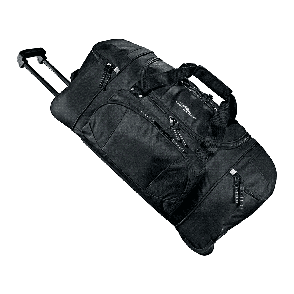 A black wheeled duffel bag with multiple compartments, featuring shoes and sports equipment partially visible.