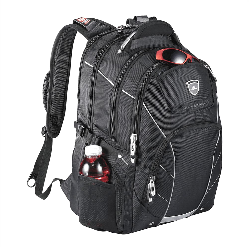 A black computer backpack with padded straps and a mesh back panel, featuring a logo.