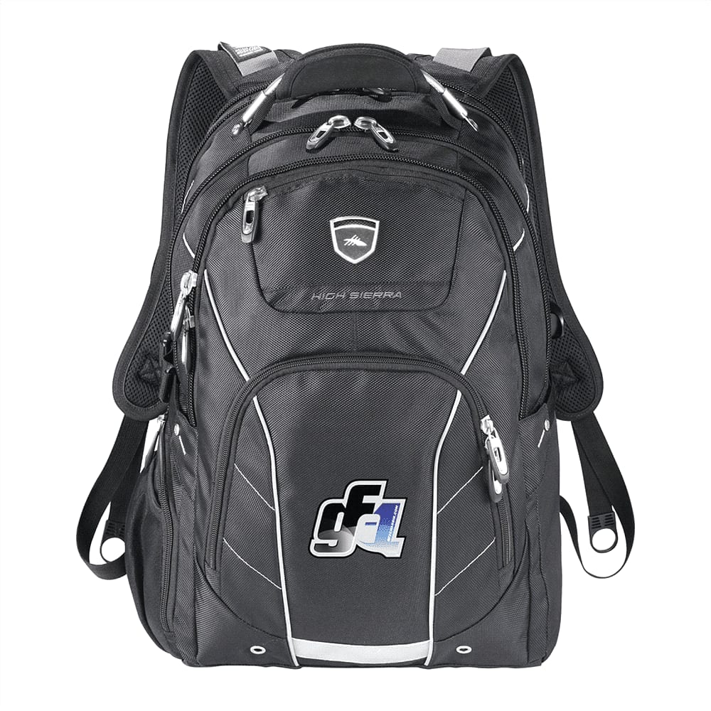 A black computer backpack with multiple compartments, including a padded section for a laptop and various organisational pockets.