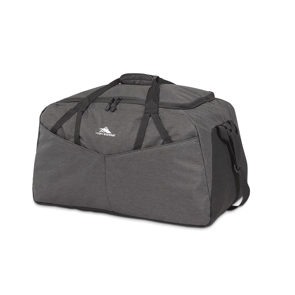 A grey duffel bag with a large compartment and multiple handles, featuring a logo on the front.