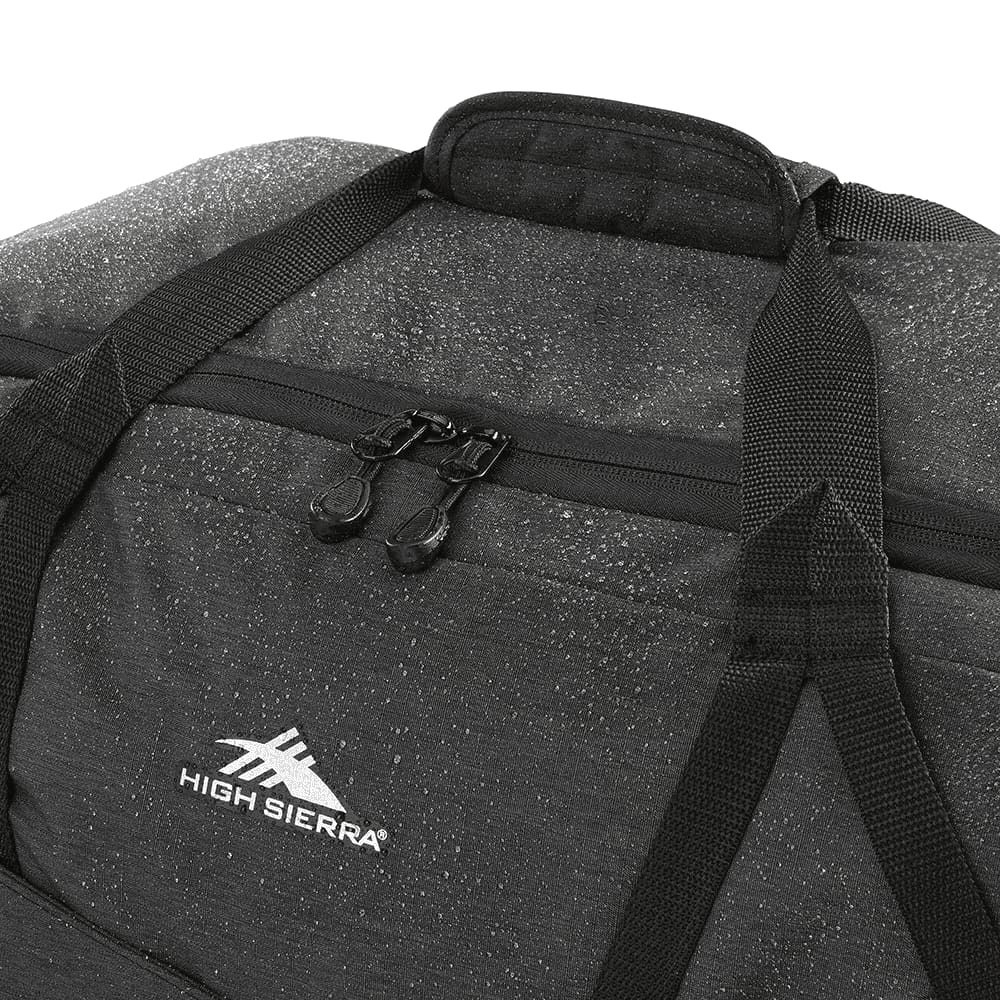 A grey duffel bag with a blue and grey top compartment, featuring two side pockets and a logo.