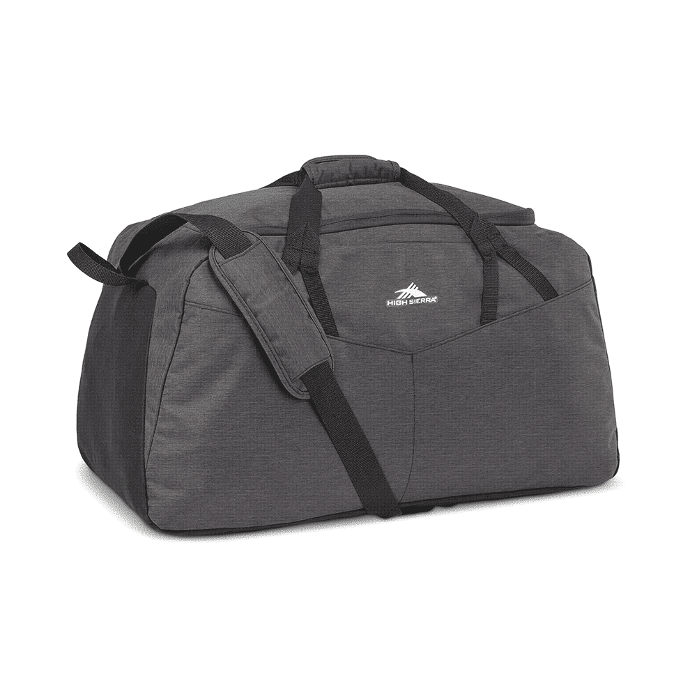 A dark grey duffel bag with a logo, placed beside a person sitting on a bench in a modern setting.