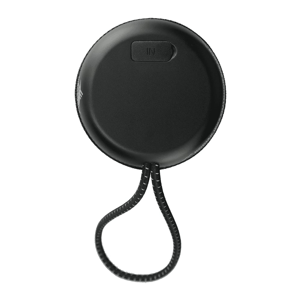 A cylindrical black Bluetooth speaker with a textured surface, buttons on the front, and a carrying strap.
