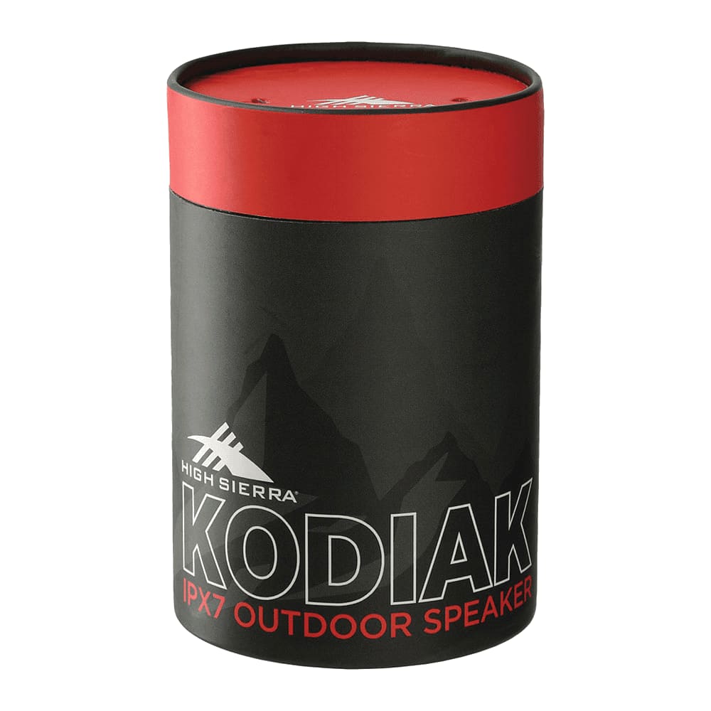 A cylindrical black speaker with a red top, featuring a logo and the model name 