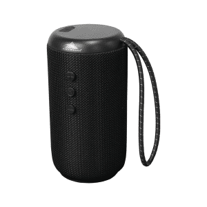 A round black Bluetooth speaker with a multicoloured logo, featuring a textured surface and a loop for attachment.