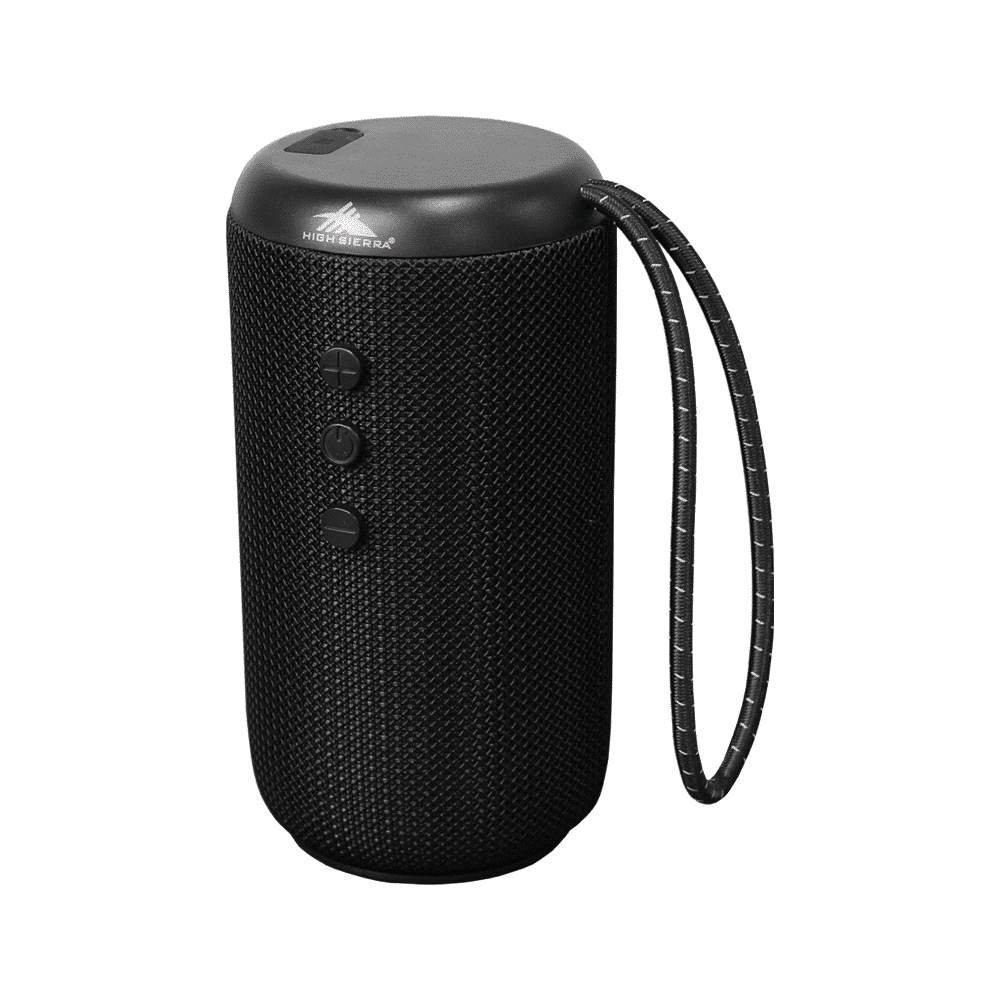 A round black Bluetooth speaker with a multicoloured logo, featuring a textured surface and a loop for attachment.