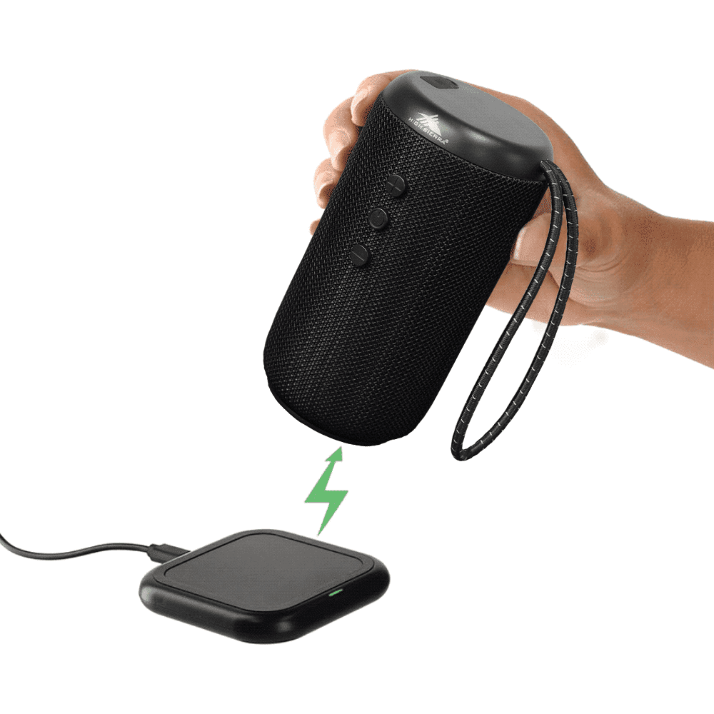 A black outdoor Bluetooth speaker with a textured surface and a carrying strap. Features control buttons on the side.