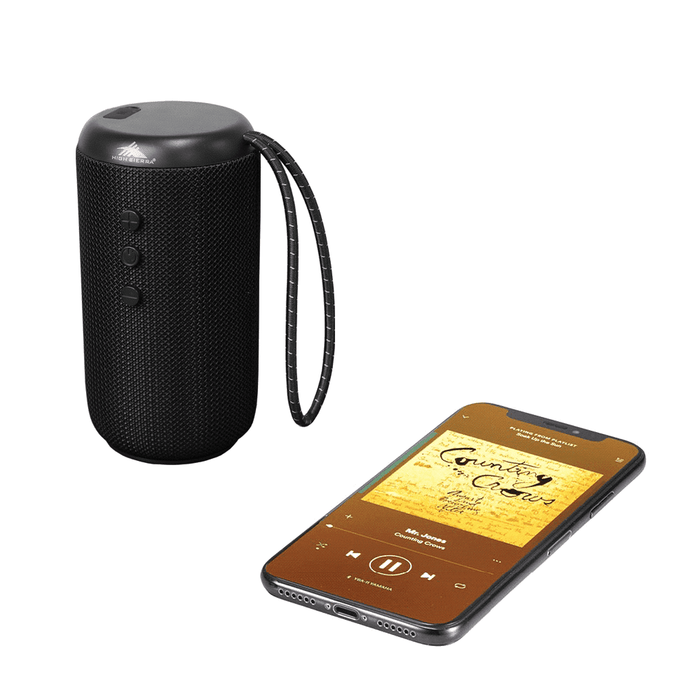 A black Bluetooth speaker with a textured surface, featuring a looped strap and a small input section.