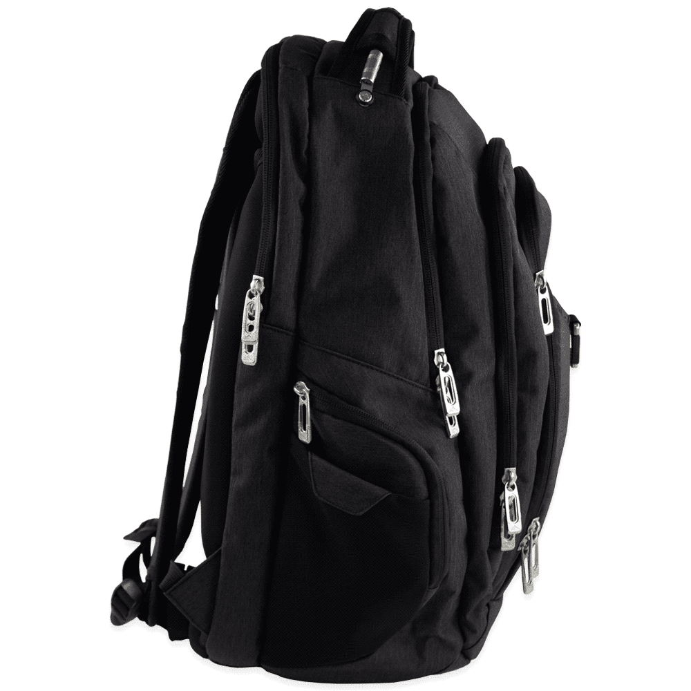 A black laptop backpack with multiple zippered compartments and a branding logo.