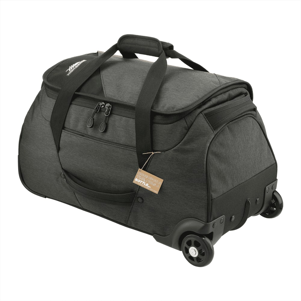 A wheeled duffel bag in grey fabric with dual top handles and a single wheel for mobility.