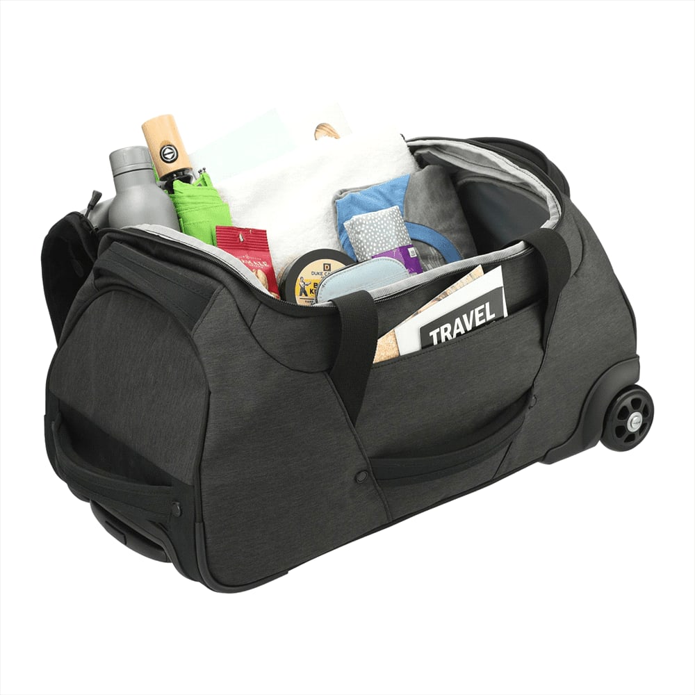 A wheeled duffel bag in black with a logo, featuring a retractable handle and side straps for easy carry.