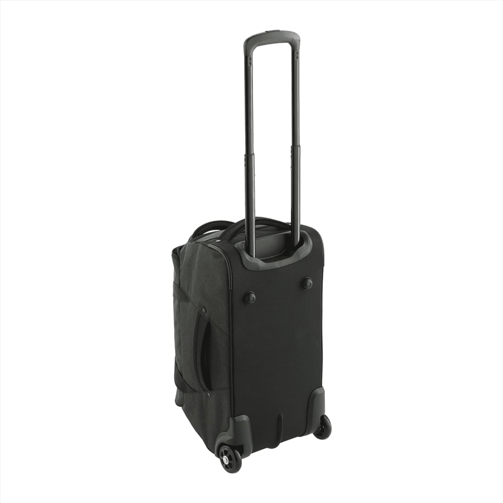 A black wheeled duffel bag with a retractable handle and wheels, featuring side pockets and a logo.