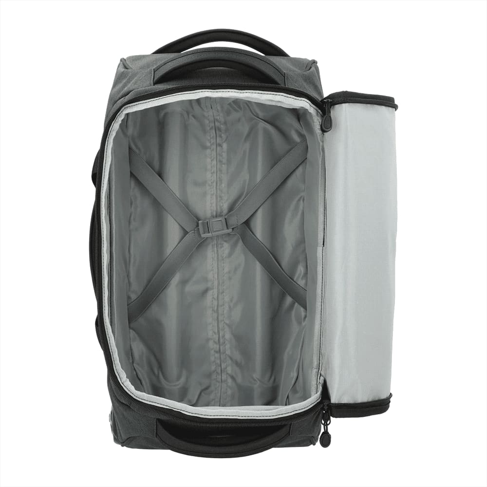 A wheeled duffel bag in charcoal grey with dual handles and a zippered front pocket. Features a logo.