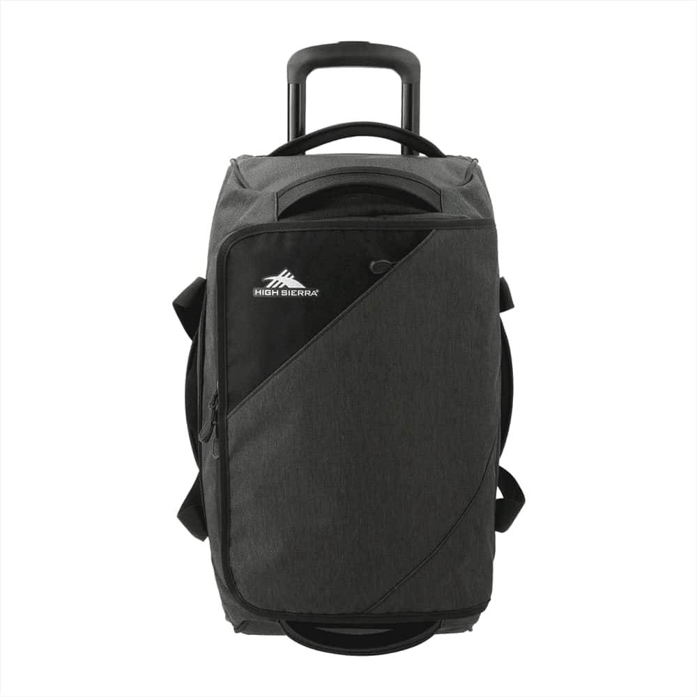 A wheeled duffel bag in grey with an unzipped interior, featuring straps and a side compartment.