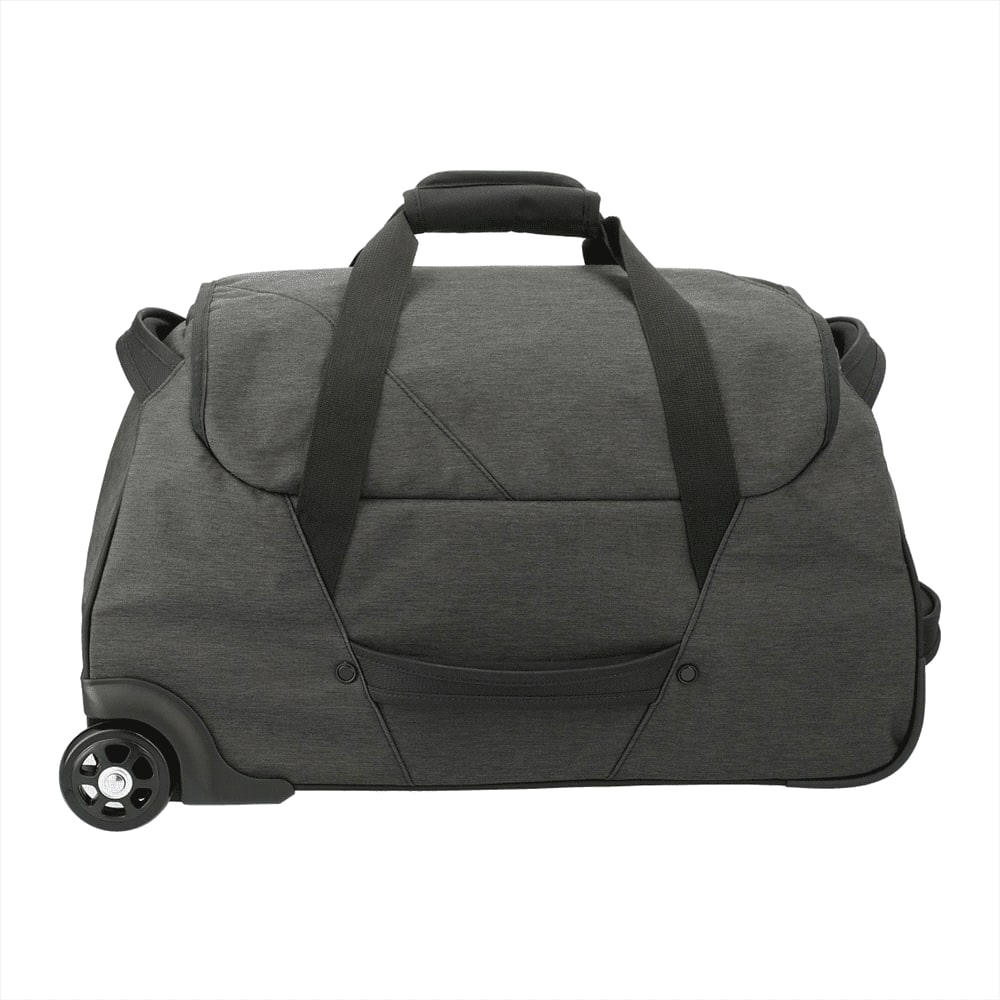 A wheeled duffel bag in charcoal grey with various items inside, including a drink bottle and travel essentials.