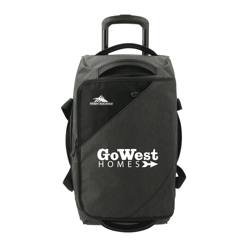 A wheeled duffel bag in black with a sleek design and a logo, featuring a retractable handle.