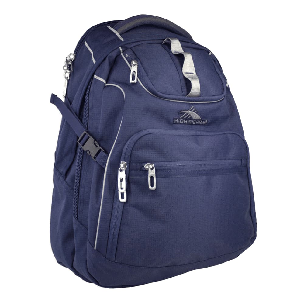 A navy blue backpack with multiple compartments and a logo, worn by a person in an orange vest and hard hat.
