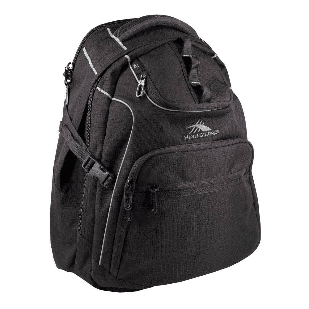 A navy blue backpack with multiple zippered pockets, a mesh side pocket, and a logo on the front.