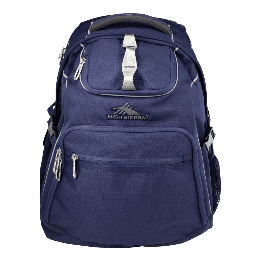 A navy blue High Sierra Access 3.0 Backpack with multiple zippered compartments and a branding logo.