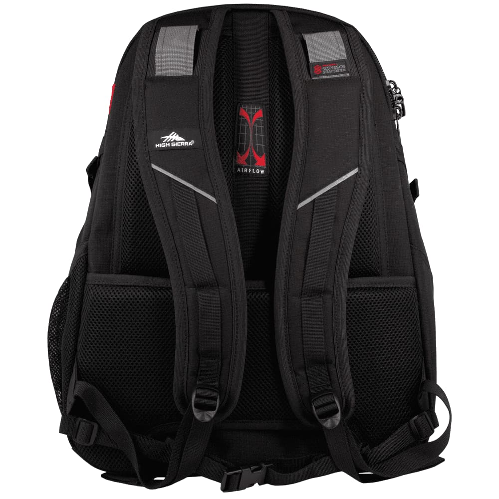 A navy blue High Sierra Access 3.0 Backpack with multiple compartments and a side mesh pocket. It features a logo.