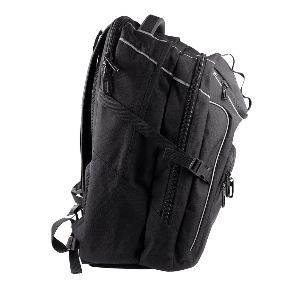 A black backpack featuring multiple compartments, adjustable straps, and a logo on the front.
