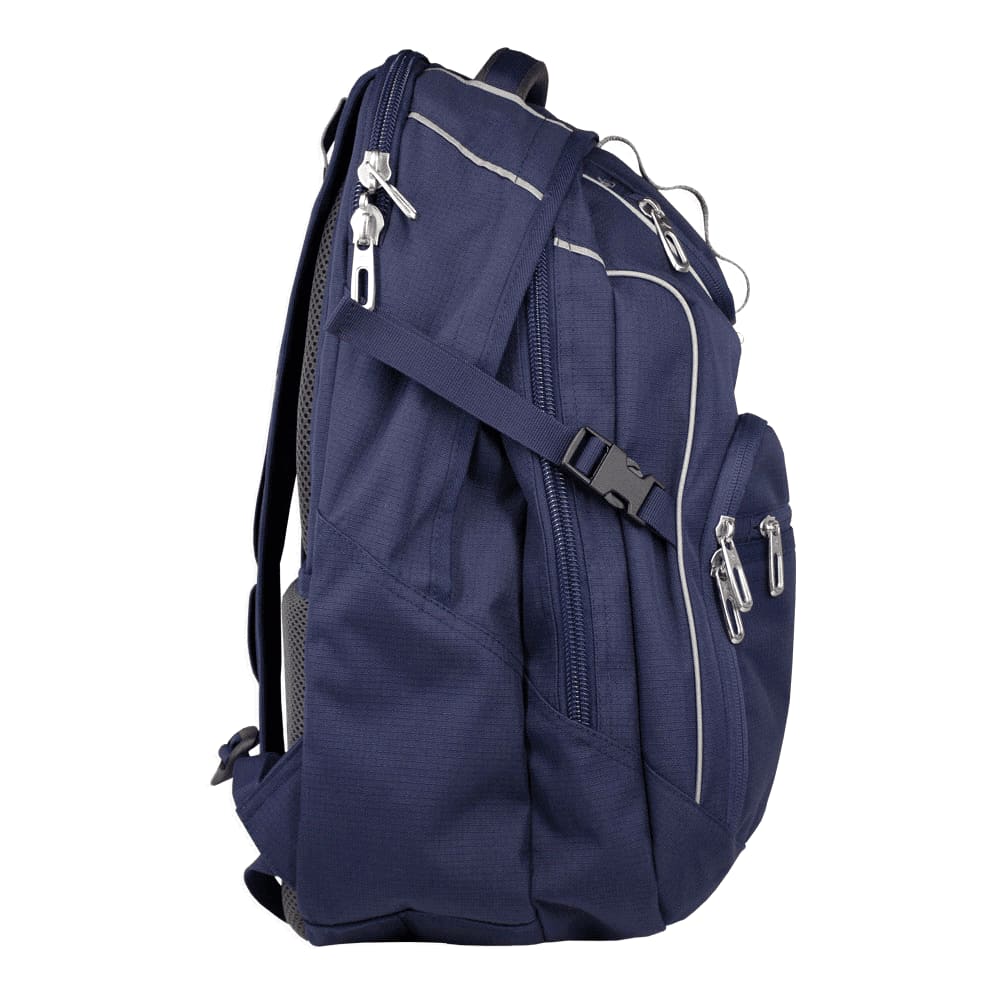 A black backpack featuring an embroidered logo with a helmet and gear design.