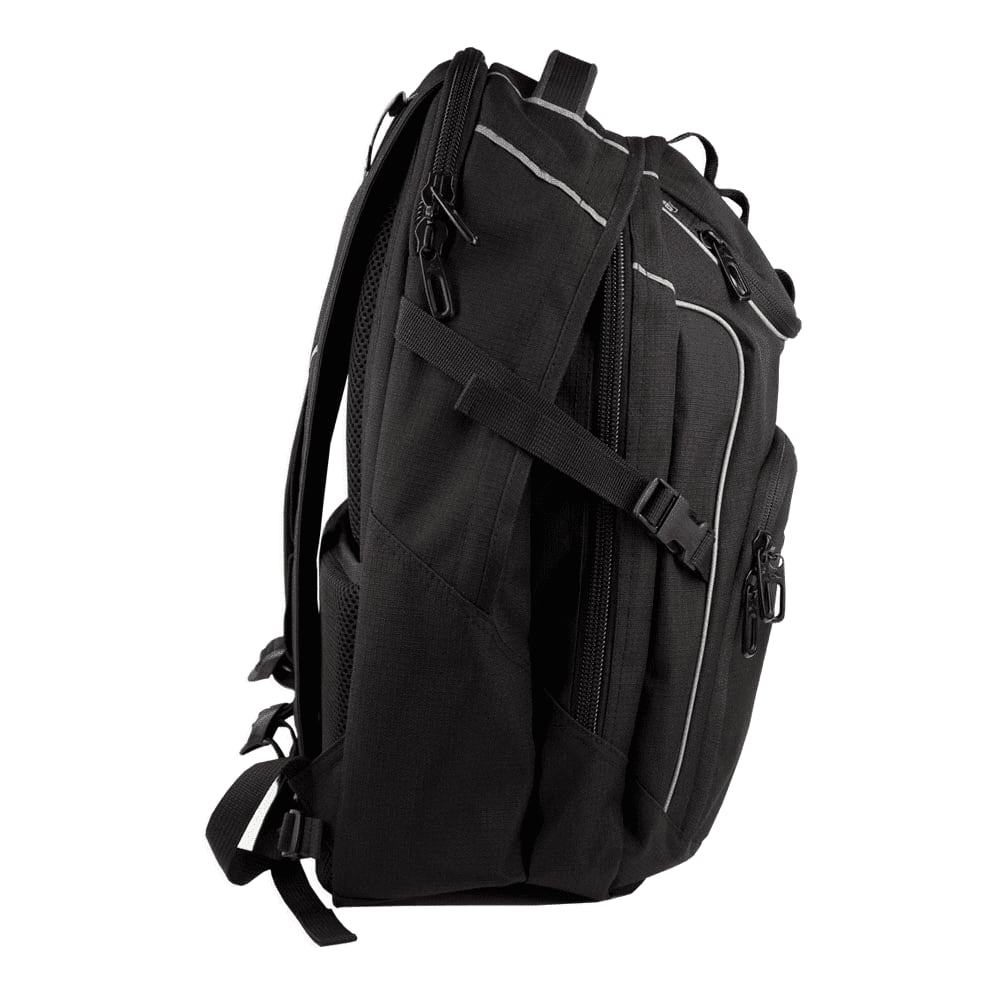A navy blue backpack with padded mesh straps and a logo, designed for comfort and airflow.