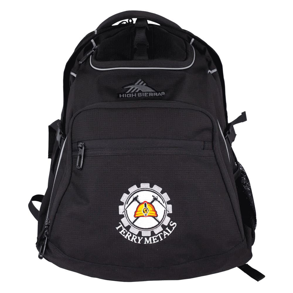 A black backpack with padded straps and mesh panels, featuring a logo and storage pockets on the sides.