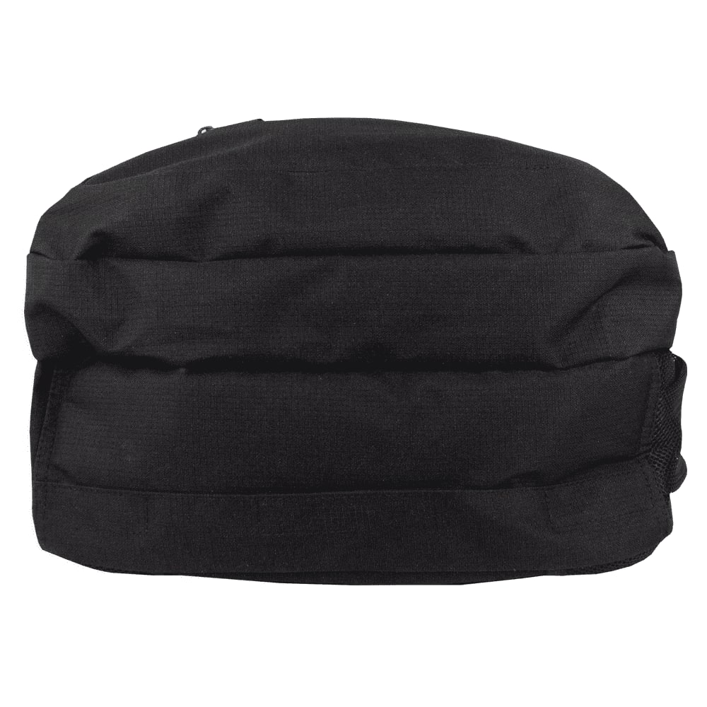 A navy backpack with multiple compartments, zippers, and adjustable straps. It features a logo on the side.