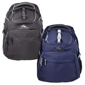 A black and navy High Sierra Access 3.0 Backpack 45L featuring multiple compartments and a logo.