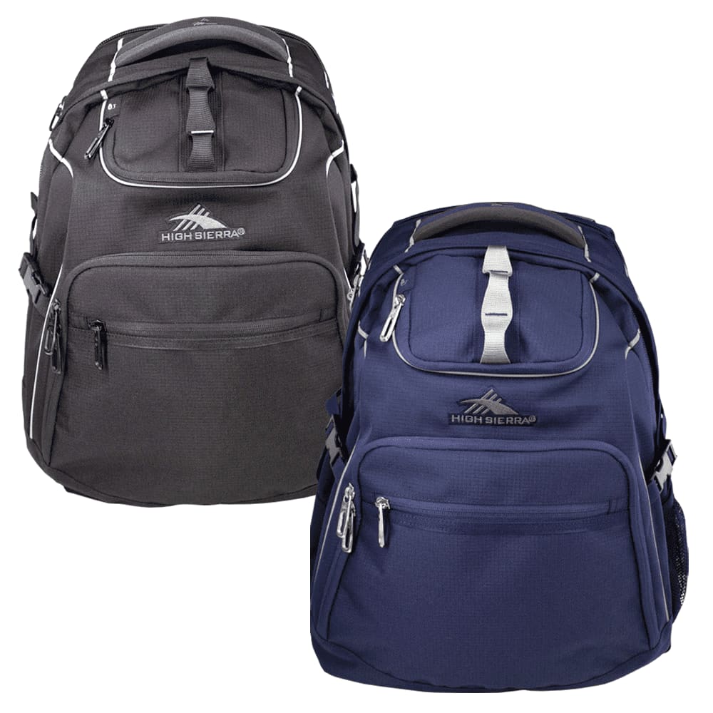 A black and navy High Sierra Access 3.0 Backpack 45L featuring multiple compartments and a logo.