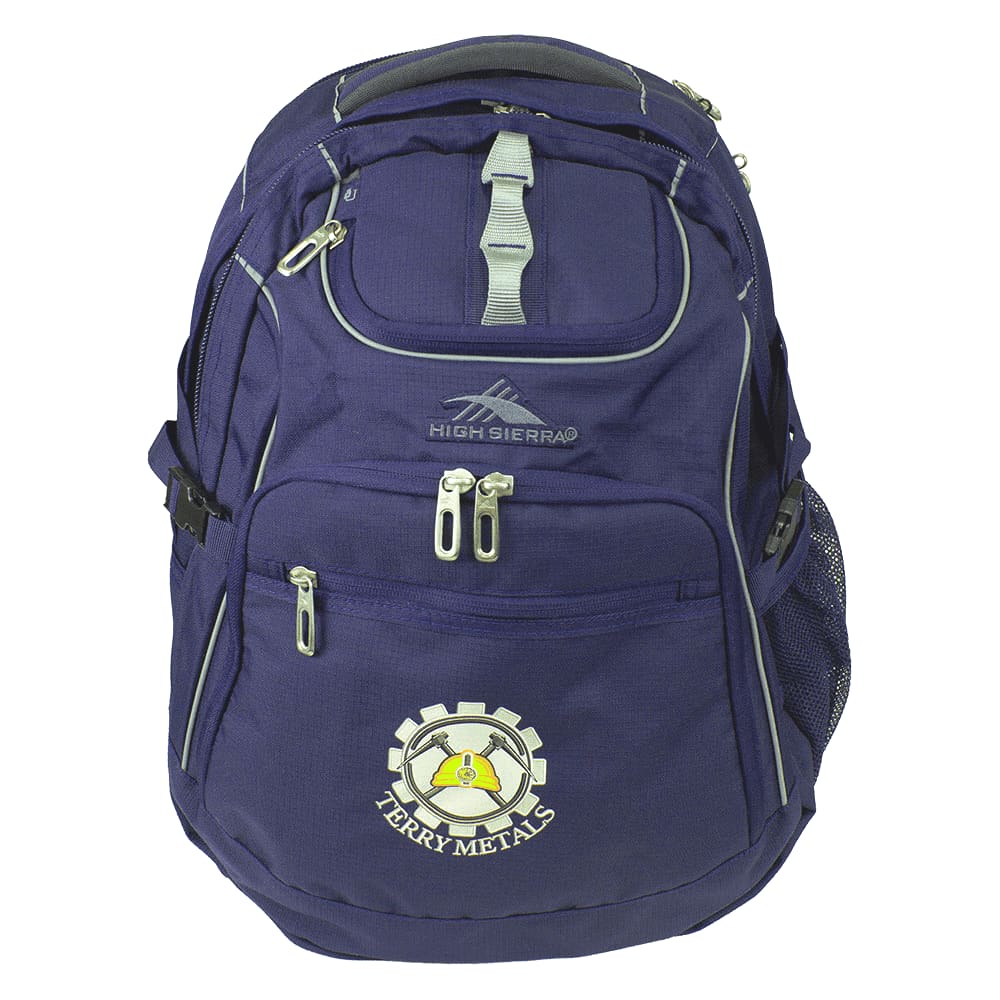 A navy blue backpack with multiple zippered compartments and adjustable straps. It features a logo on the front.