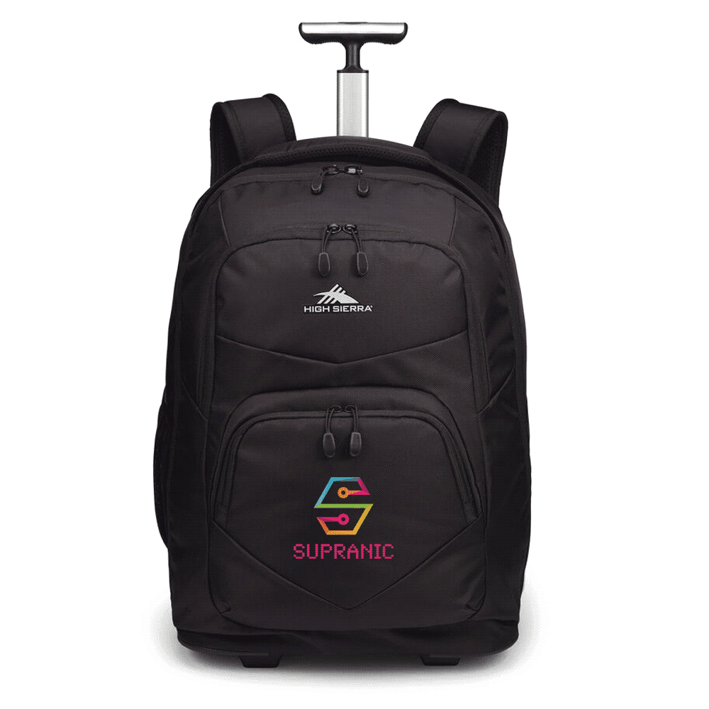 A black wheeled backpack with dual zippered compartments, adjustable straps, and a retractable handle.