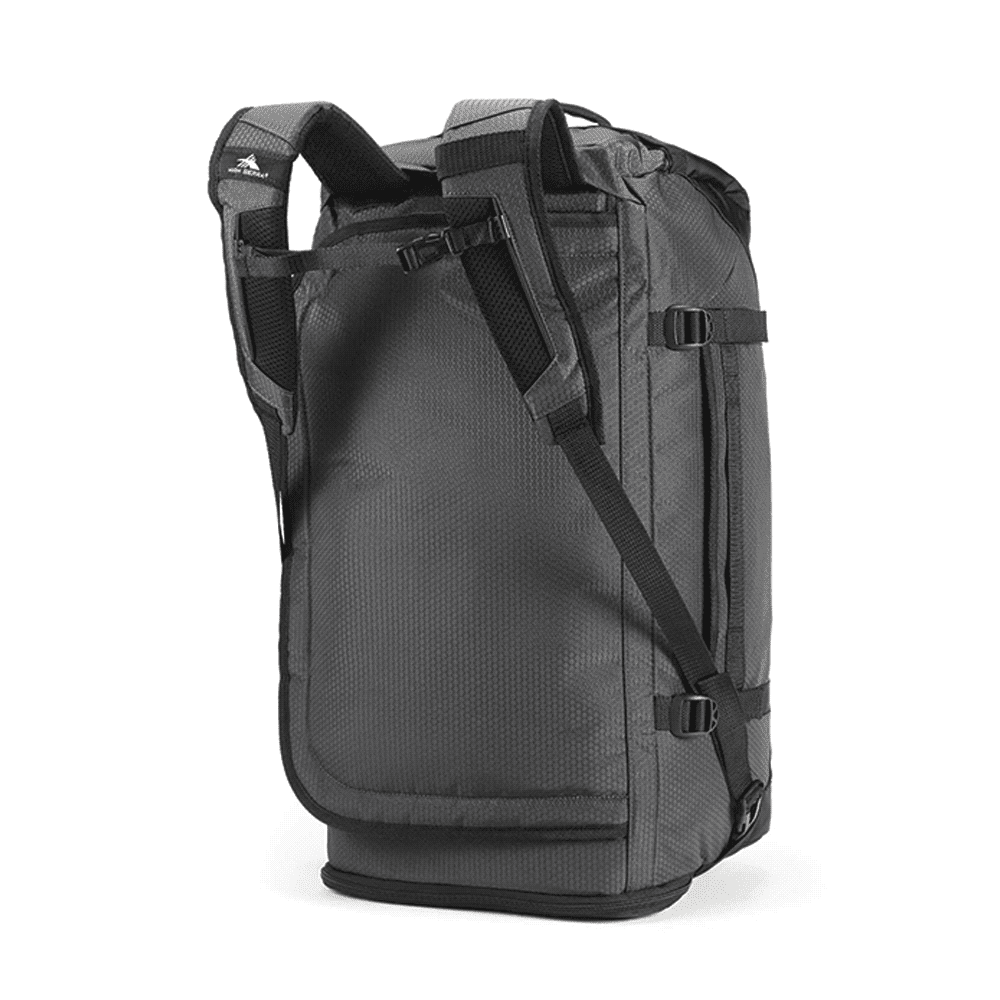 A grey duffel backpack with adjustable straps and buckles, featuring a logo.