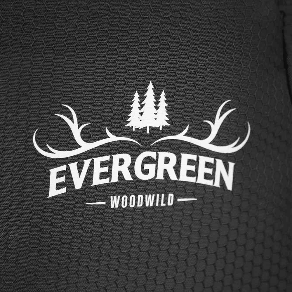 A textured black fabric featuring a tree and antler design with the word 