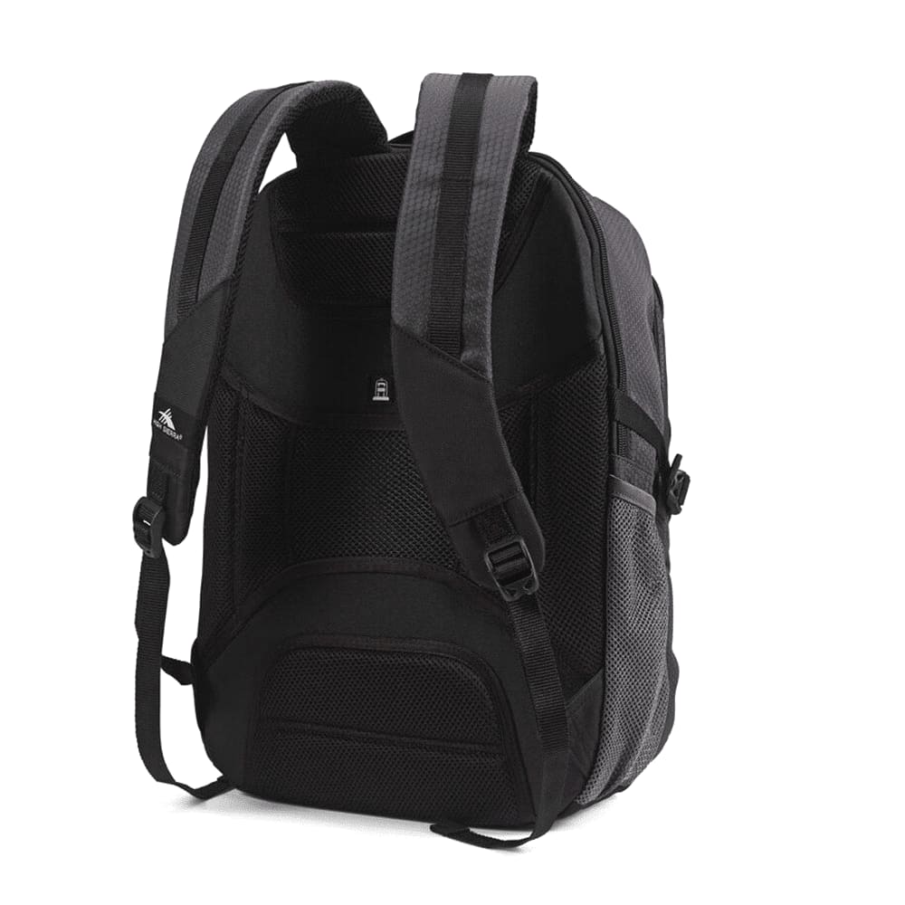 A black and grey computer backpack with padded straps and a mesh back for ventilation. It features a logo.