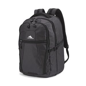 A black computer backpack with two shoulder straps, multiple compartments, and a logo on the front.