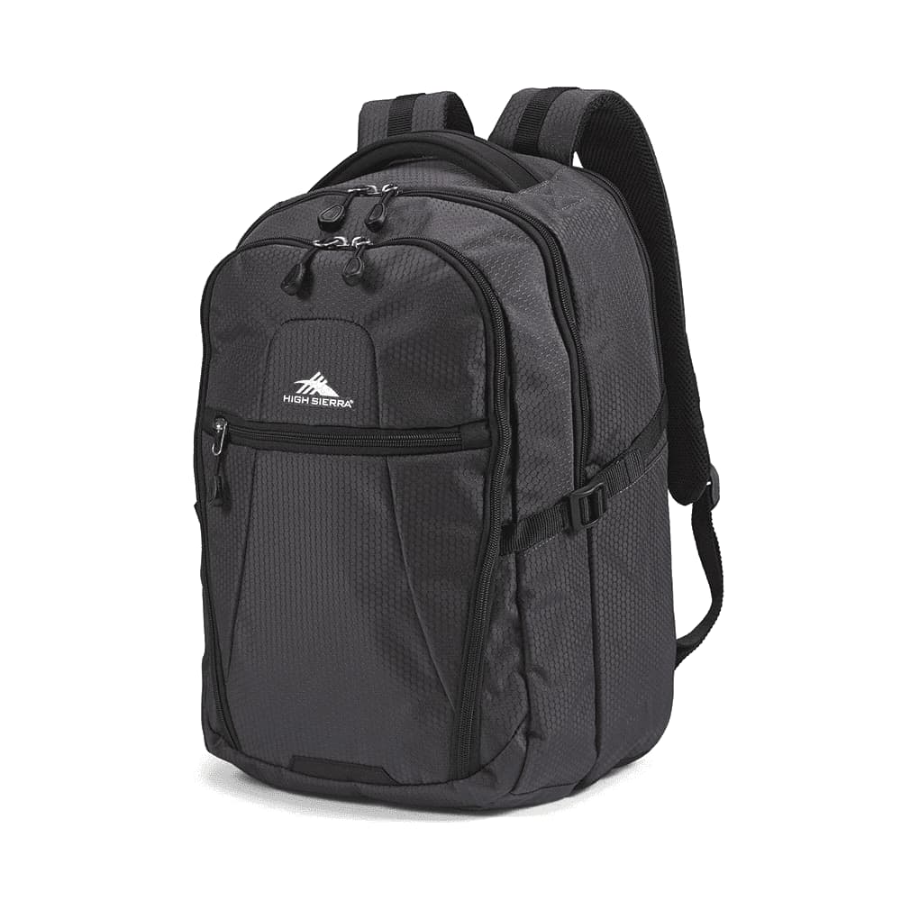 A black computer backpack with two shoulder straps, multiple compartments, and a logo on the front.