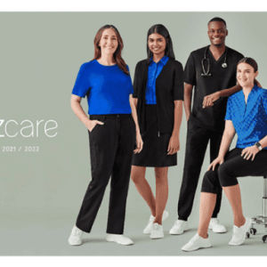 A promotional image featuring four models in blue and black uniforms, showcasing different styles and a logo.