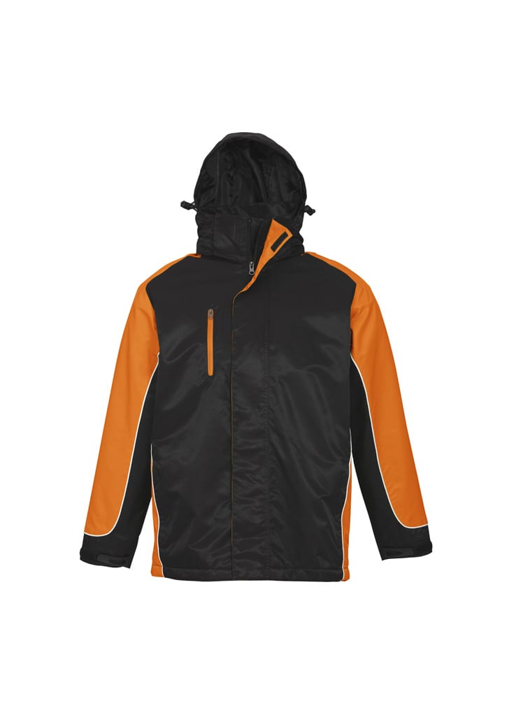 A black and orange unisex jacket featuring a hood and zippered pockets, with a logo present.