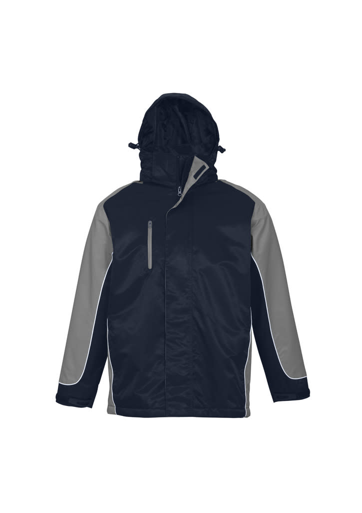 A unisex jacket in navy blue and grey with a hood and a logo present on the front.