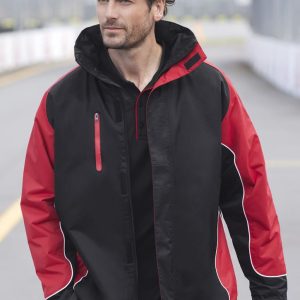 A unisex jacket in black and red with a hood, featuring zippered pockets and white detailing. It has a logo.