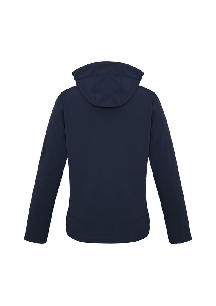 A navy blue women's soft shell jacket featuring a hood and a logo on the sleeve.